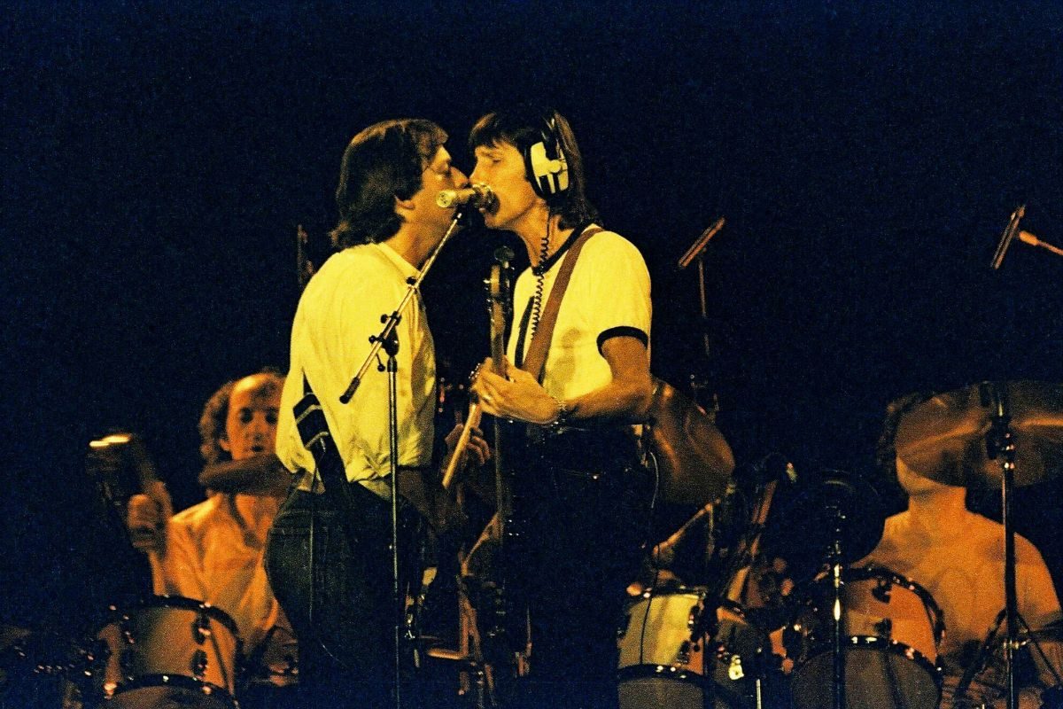 Pink Floyd - David Gilmour and Roger Waters on stage performing The Wall, 1980