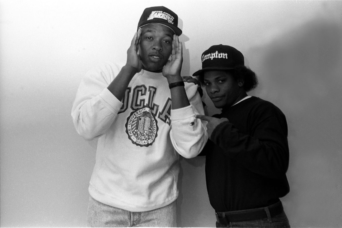 Dr. Dre (aka Andre Romelle Young ) and Eazy-E (aka Eric Lynn Wright) of the Rap group N.W.A., 8 December, 1989 in New York City