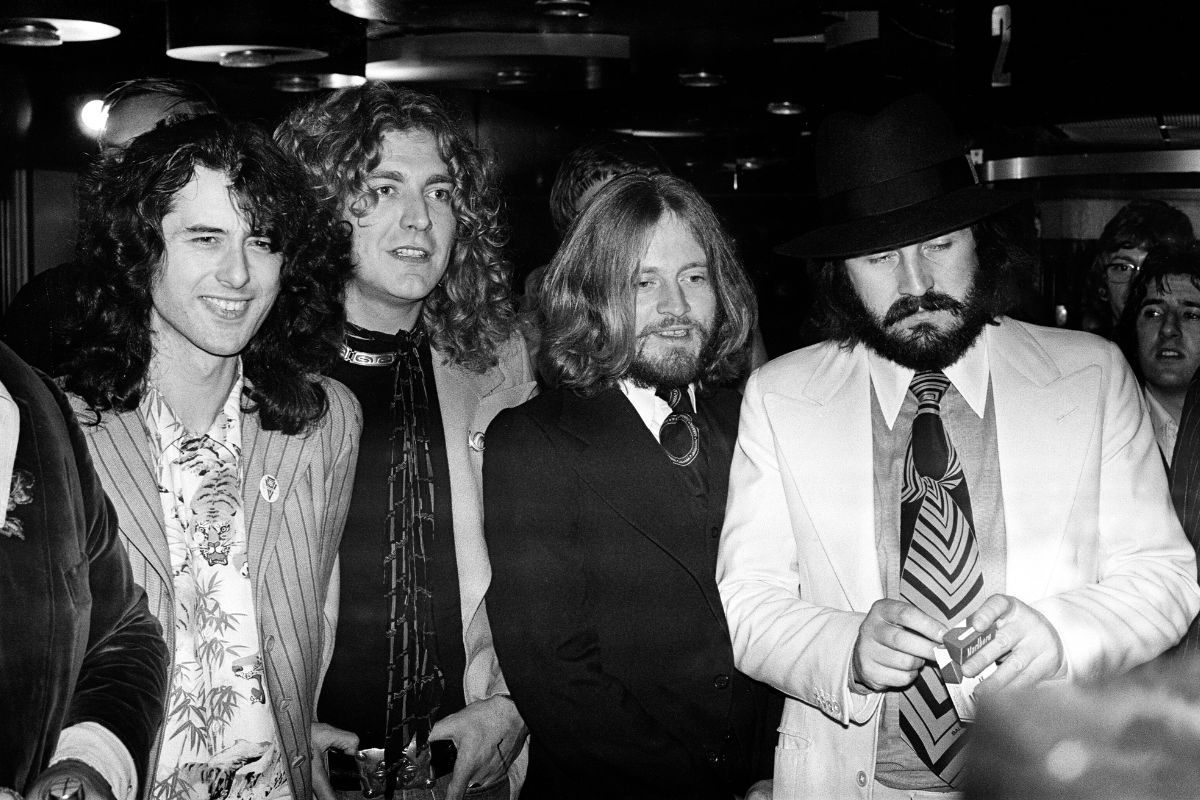 Led Zeppelin at the UK premier of the concert film 'The Song Remains The Same'. Pictured from left to right, Jimmy Page, Robert Plant, John Paul Jones and John Bonham, 4th November 1976