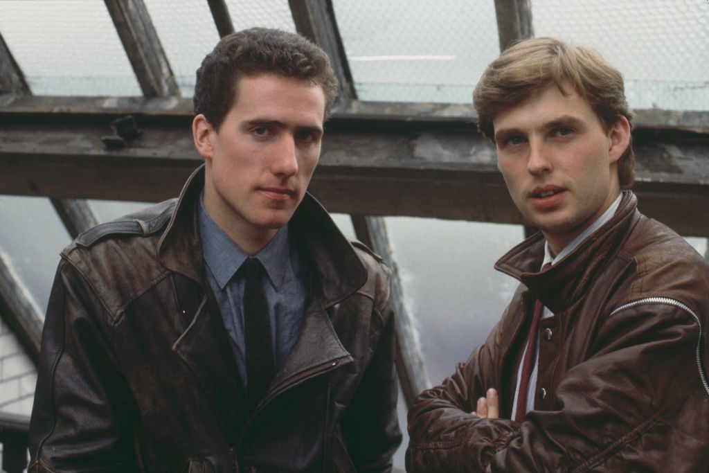 Bassist Andy McCluskey (left) and keyboard player Paul Humphreys of Orchestral Manoeuvres in the Dark, Liverpool, 1982