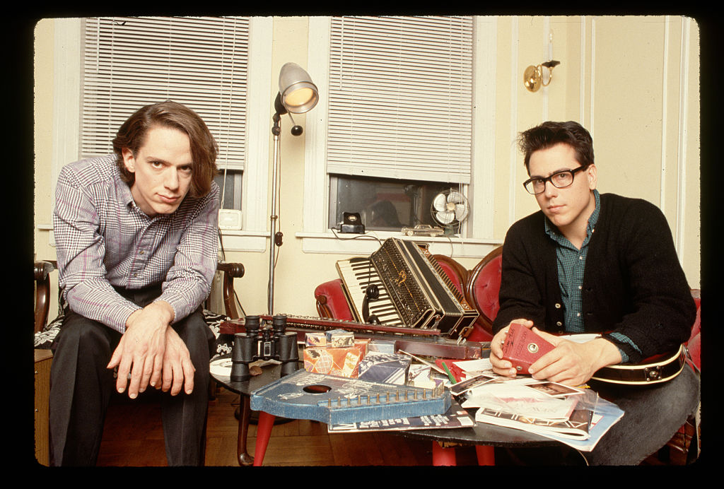 John Flansburgh (right, guitarist) and John Linnell (accordionist) of They Might Be Giants, 1989