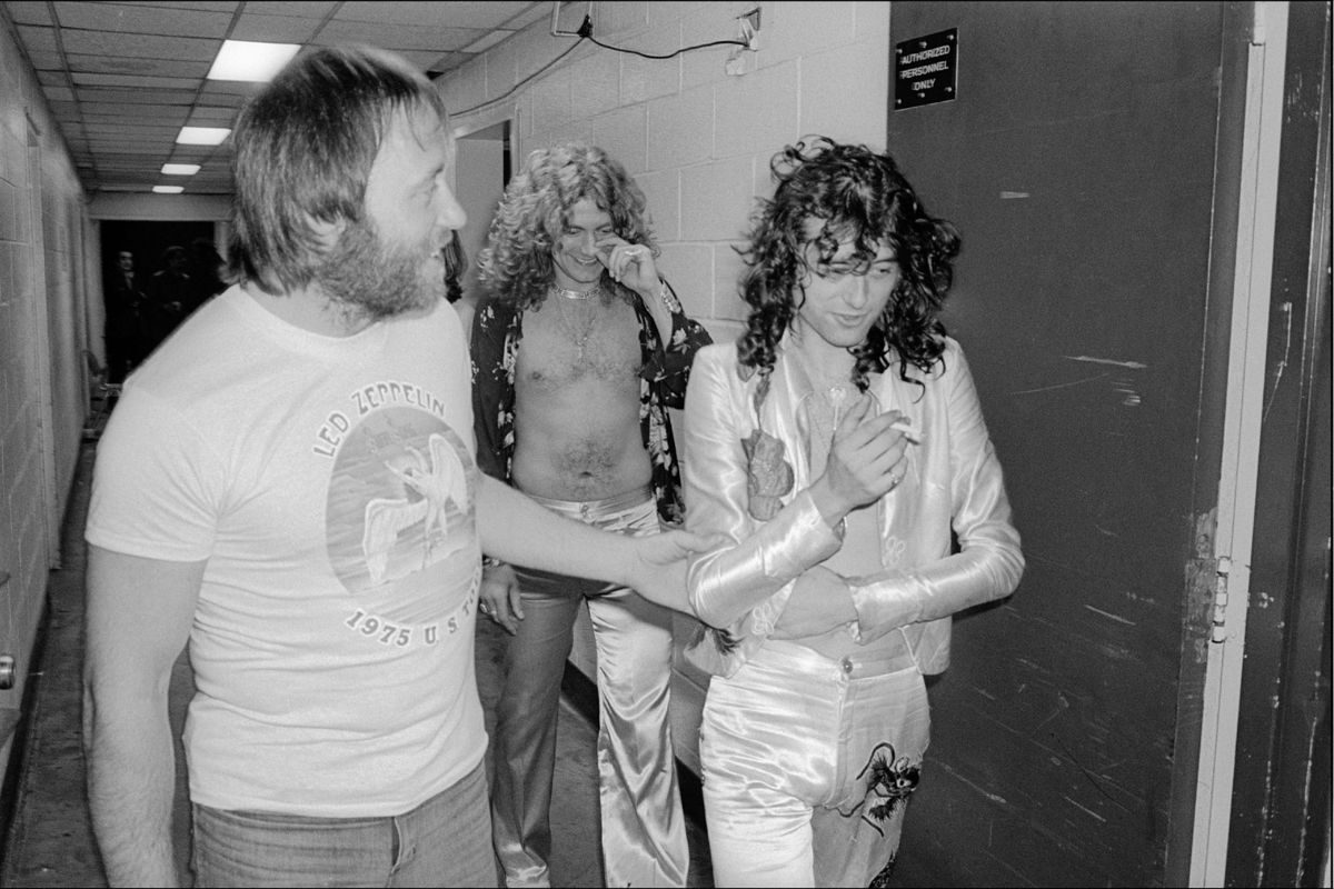 Jimmy Page and Robert Plant of Led Zeppelin backstage at Madison Square Garden, June 10, 1977