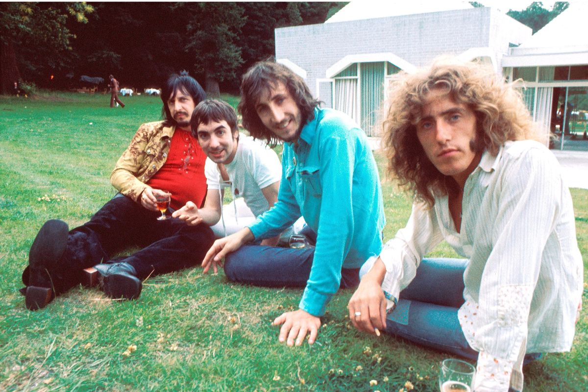 The Who pose for a press call, July 1971, Surrey, United Kingdom, John Entwistle, Keith Moon, Pete Townshend, Roger Daltrey