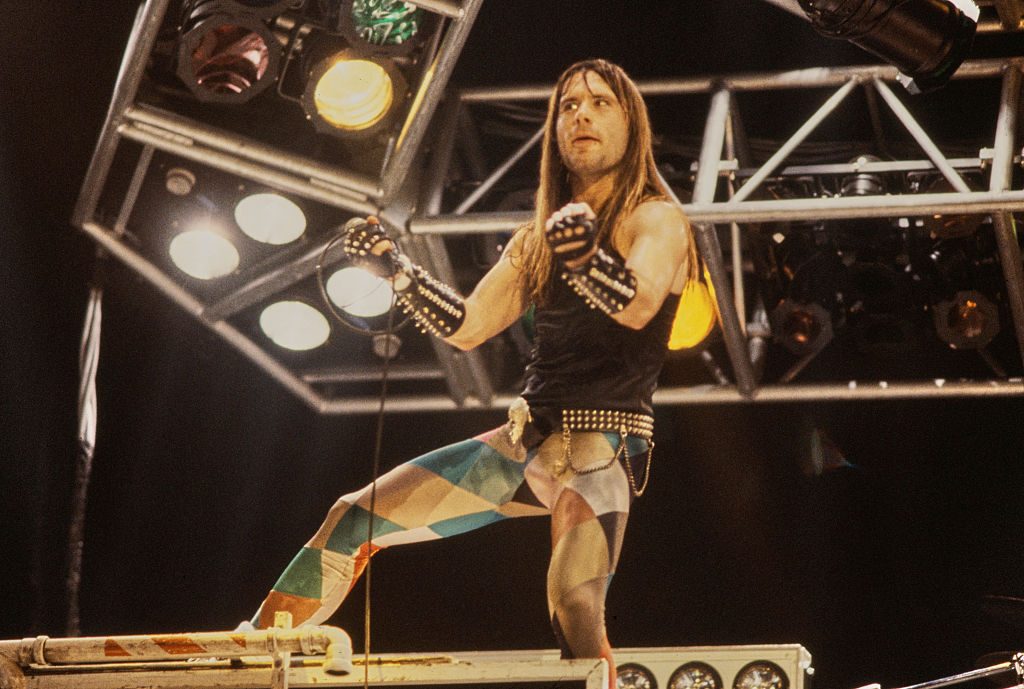 British lead vocalist Bruce Dickinson of the heavy metal band Iron Maiden, performing on stage during the band's 'World Piece Tour', United States, September 1983