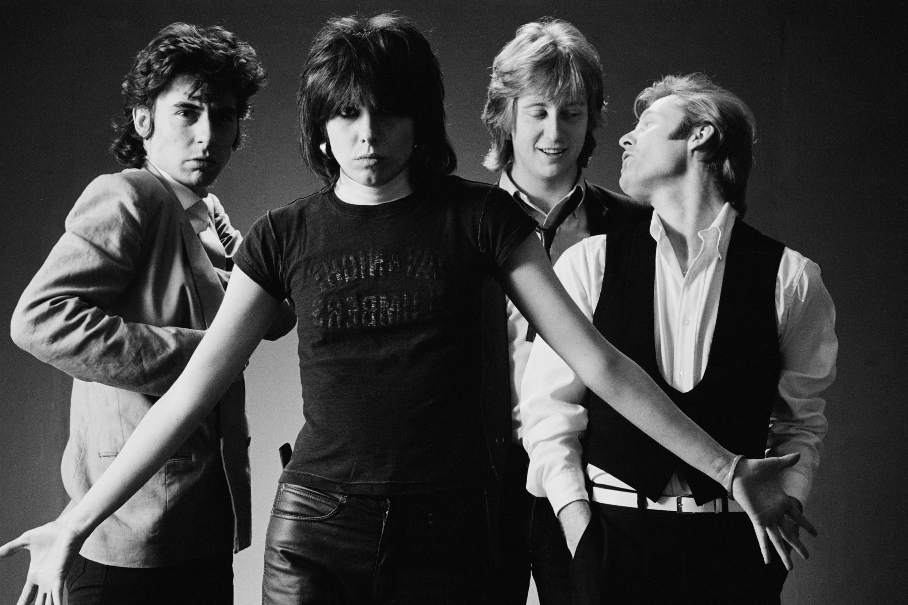 The Pretenders, 1979. L-R bassist Pete Farndon (1952-1983), singer and guitarist Chrissie Hynde, guitarist James Honeyman-Scott (1956-1982), and drummer Martin Chambers
