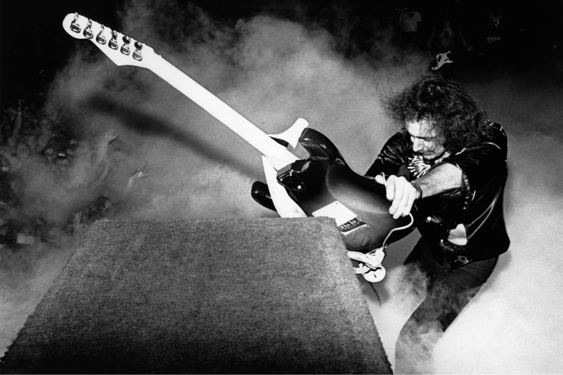 Ritchie Blackmore of Deep Purple performing live onstage during California Jam, smashing guitar against amplifier on US tour, 6th April 1974