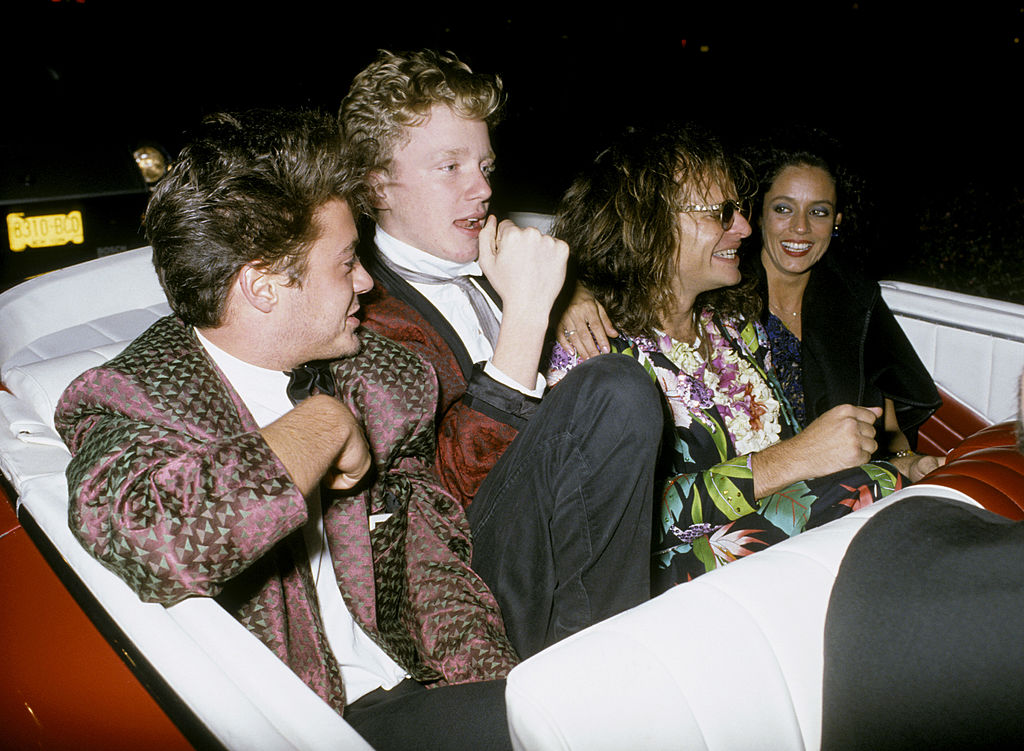 L-R Actors Robert Downey Jr., Anthony Michael Hall, Van Halen's David Lee Roth and actress Sonia Braga at the 1984 MTV Video Music Awards after party