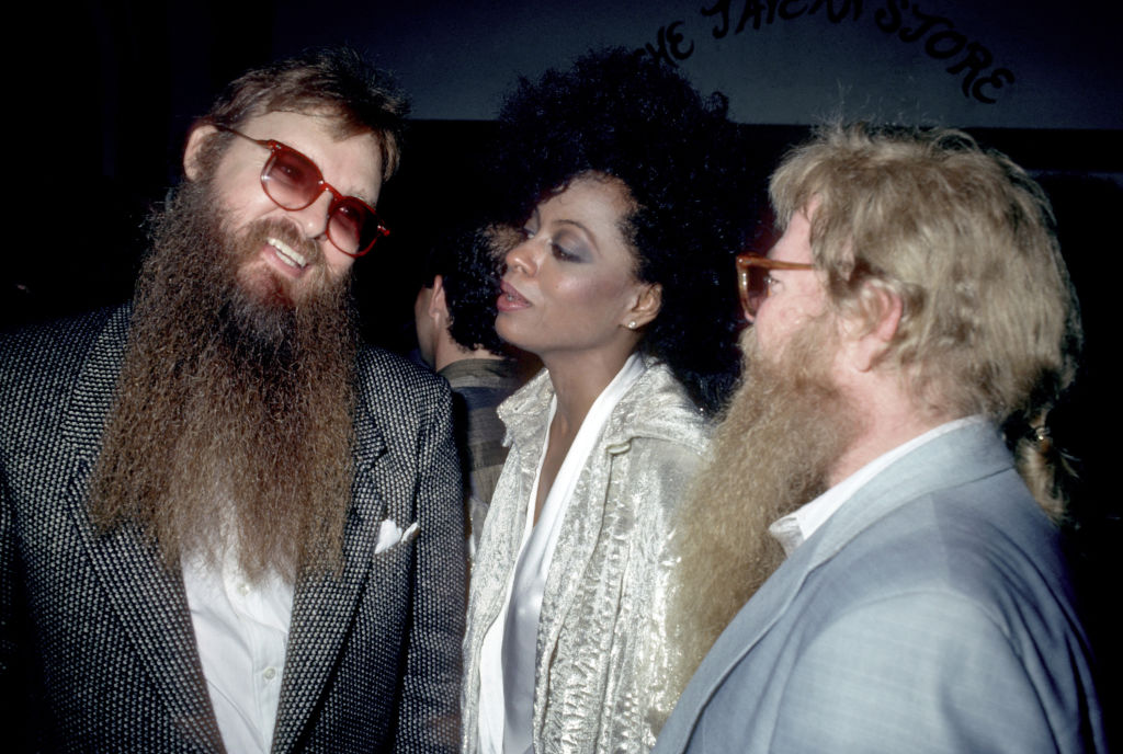 Billy Gibbons and Dusty Hill of ZZ Top with Diana Ross at the 1984 MTV Video Music Awards after Party at Tavern on the Green, New York City