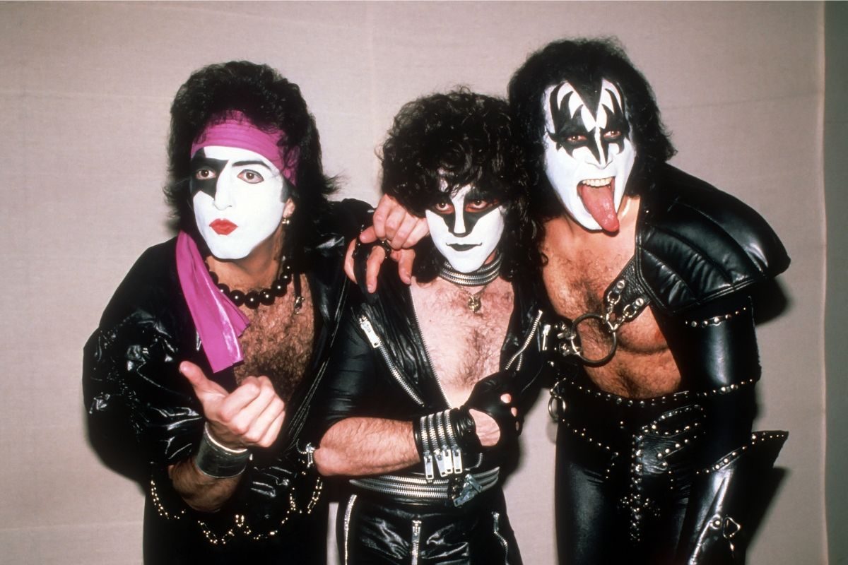 Rock band KISS (l-R Paul Stanley,Eric Carr, Gene Simmons) on their Unmasked Tour, July 25, 1980, The Palladium, New York