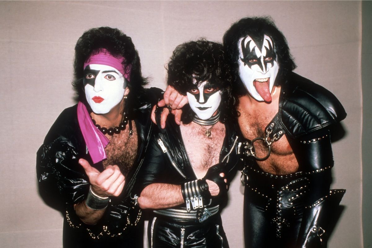 Rock band KISS (l-R Paul Stanley,Eric Carr, Gene Simmons) on their Unmasked Tour, July 25, 1980, The Palladium, New York