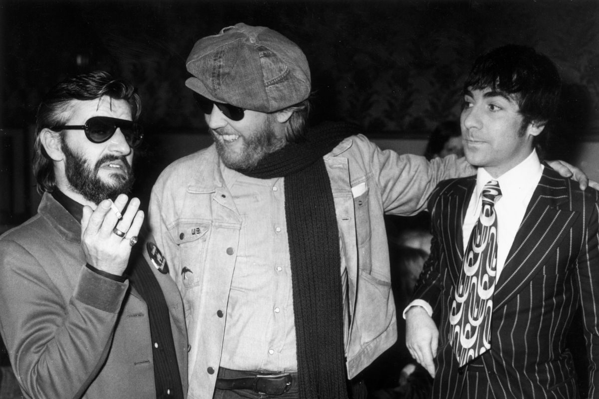 L-R Ringo Starr, Harry Nilsson and Keith Moon(The Who) attending the West Coast premiere of 'That'll Be The Day,' in which Starr had a small role, October 1974