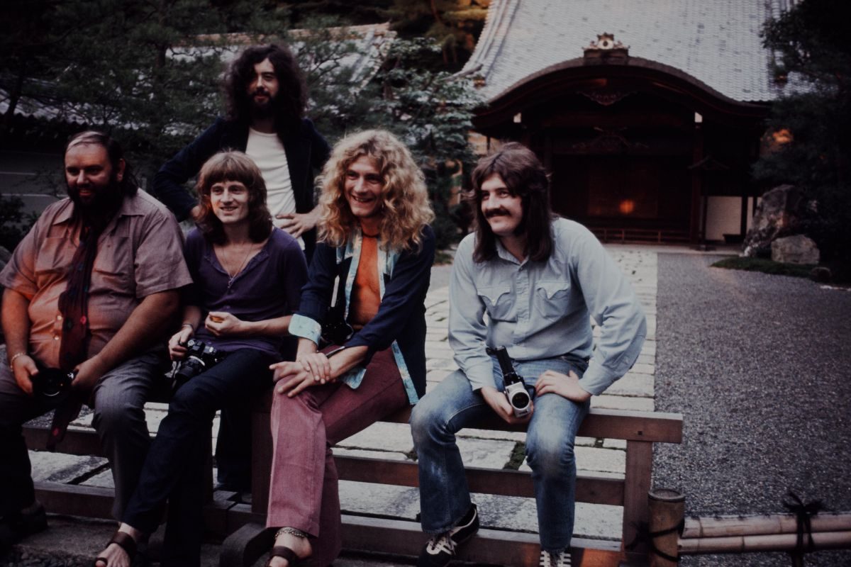 Led Zeppelin at the Hiroshima shrine, Japan, September 1971. 1971. L-R: Peter Grant (manager), John Paul Jones (bass guitar/keyboards), Jimmy Page (lead guitar), Robert Plant (vocals), John Bonham (drums)