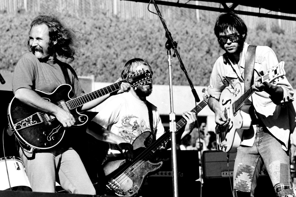 Crosby, Stills, Nash & Young perform live on stage at Oakland Stadium, California on July 14 1974