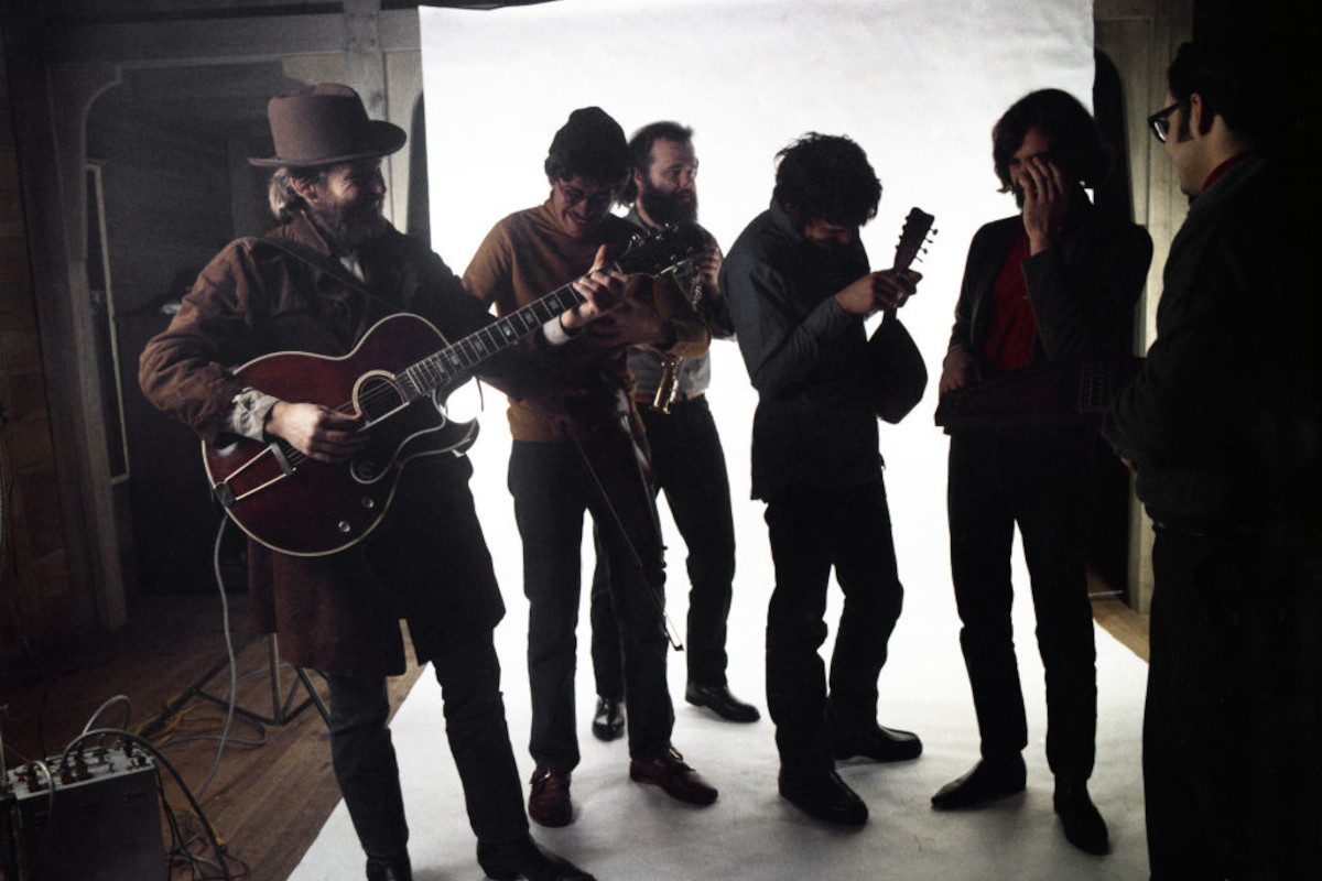 L-R Levon Helm, Robbie Robertson, Garth Hudson, Rick Danko and Richard Manuel of The Band pose for a portrait in 1969 in Saugerties, New York