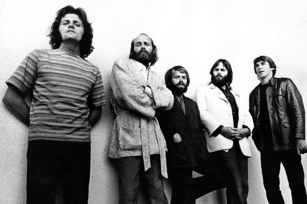 The Beach Boys posed in Amsterdam, Netherlands in 1972 L-R Bruce Johnston, Mike Love, Al Jardine, Carl Wilson, Dennis Wilson
