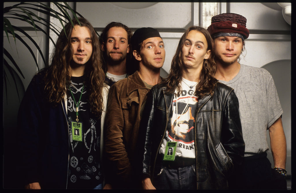 Pearl Jam, 1992. L-R Dave Abbruzzese, Stone Gossard, Eddie Vedder, Mike McCready, Jeff Ament, Pinkpop Festival, Landgraaf, Holland