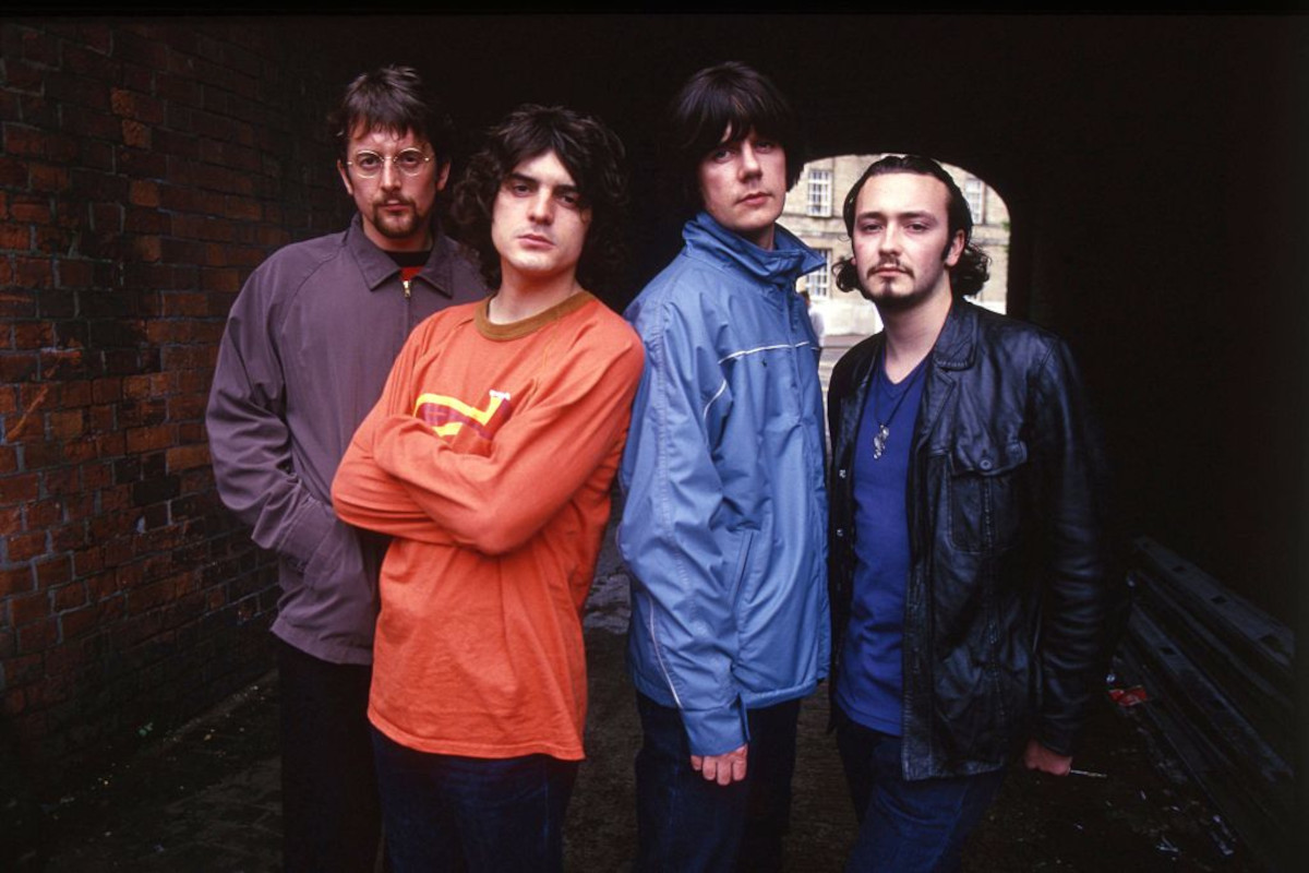 The Seahorses, group portrait, 1997. L-R Andy Watts, Chris Helme, John Squire, Stuart Fletcher