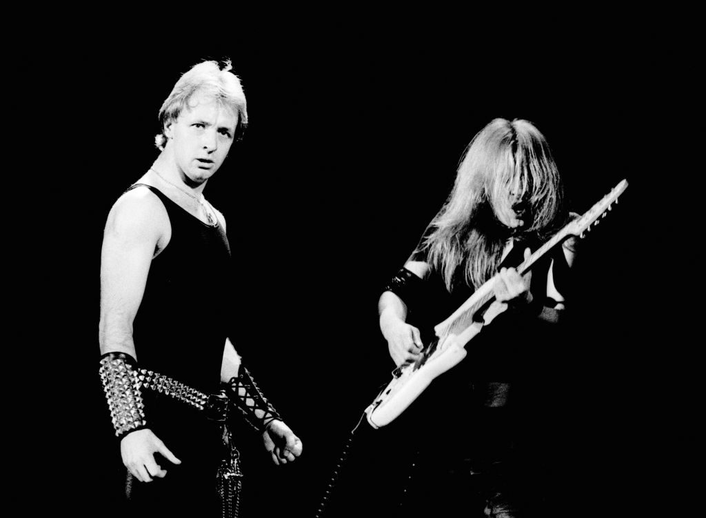 Rob Halford and K K Downing of Judas Priest perform on stage at the Hammersmith Odeon, London, circa 1978