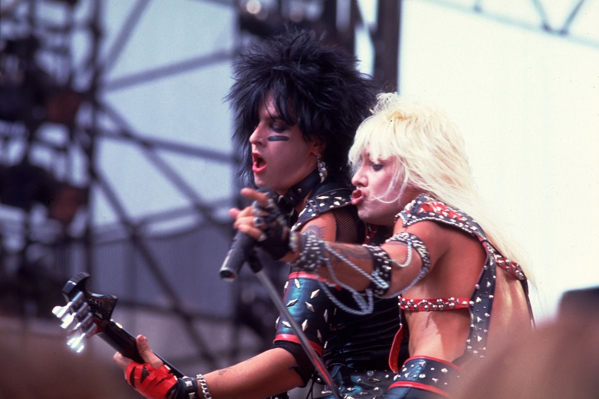 Nikki Sixx, left, and Vince Neil of Motley Crue perform at the US Festival in Ontario, California, May 30, 1983