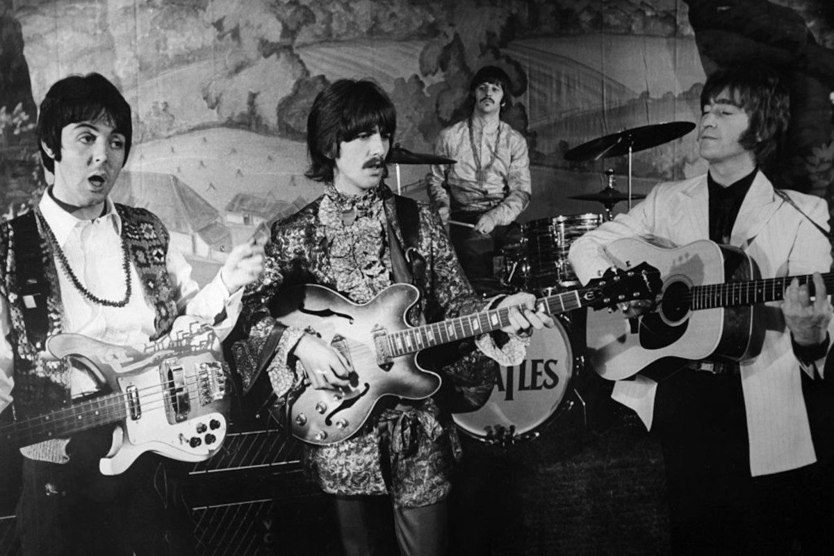 The Beatles singing 'Hello Goodbye' during a TV show on the stage of the Saville Theatre in 1968 in London