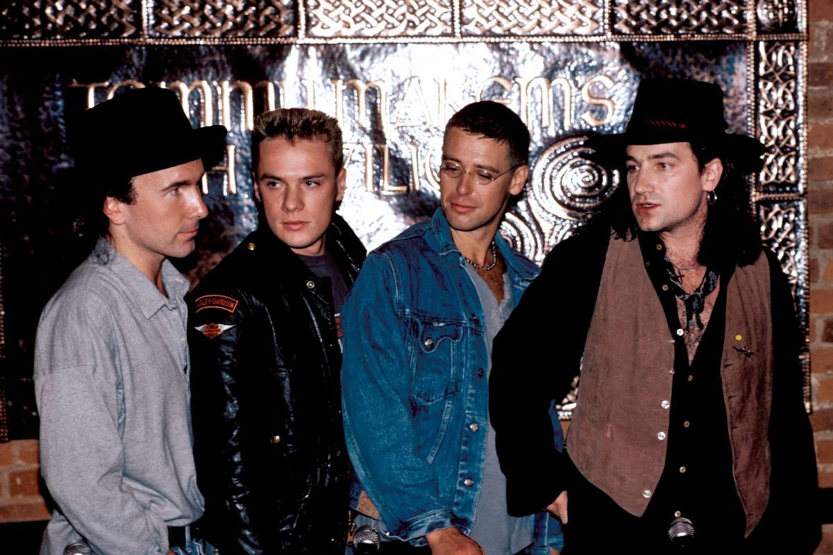 U2 (L-R The Edge, Larry Mullen Jnr, Adam Clayton, Bono) launch their Joshua Tree album, 1987