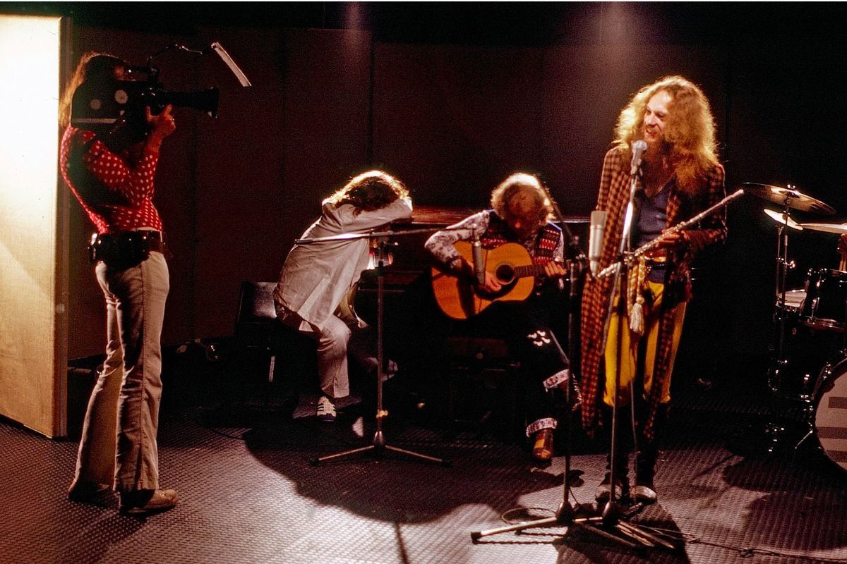 John Evan, Martin Barre and Ian Anderson of Jethro Tull making a promo film for their single 'Life Is a Long Song', September 1971