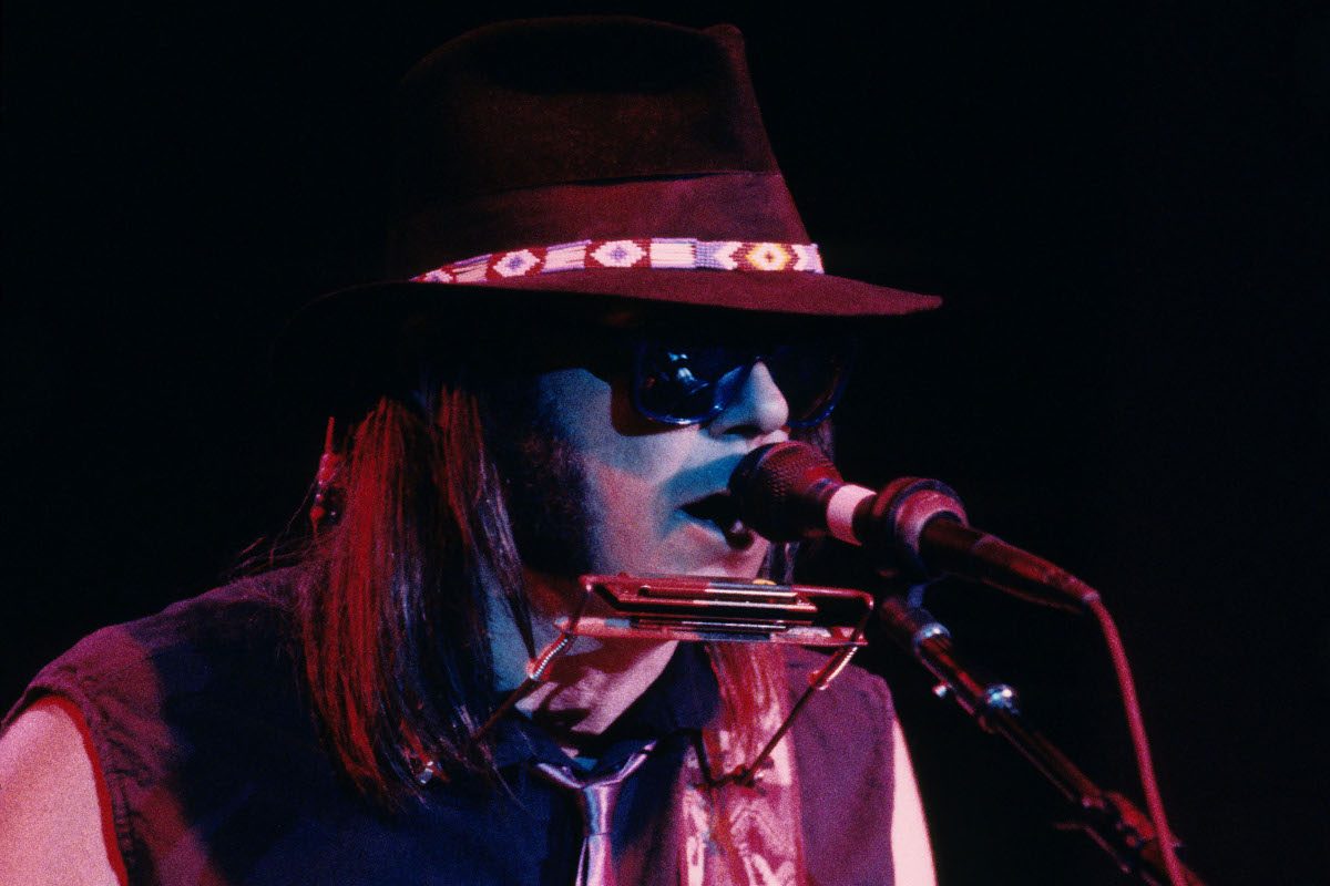 Neil Young performs in concert, New York, February 1988
