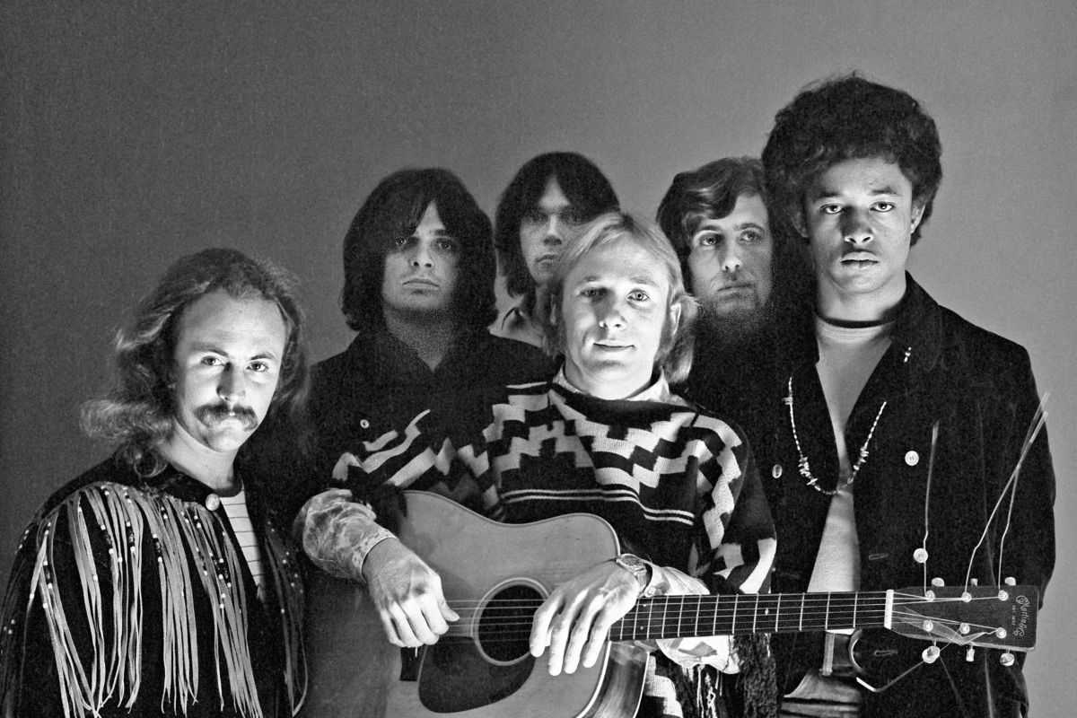 Crosby, Stills, Nash, and Young, early 1970s. Pictured are, from left, David Crosby, Dallas Taylor, Neil Young, Stephen Stills, Graham Nash, and Greg Reeves