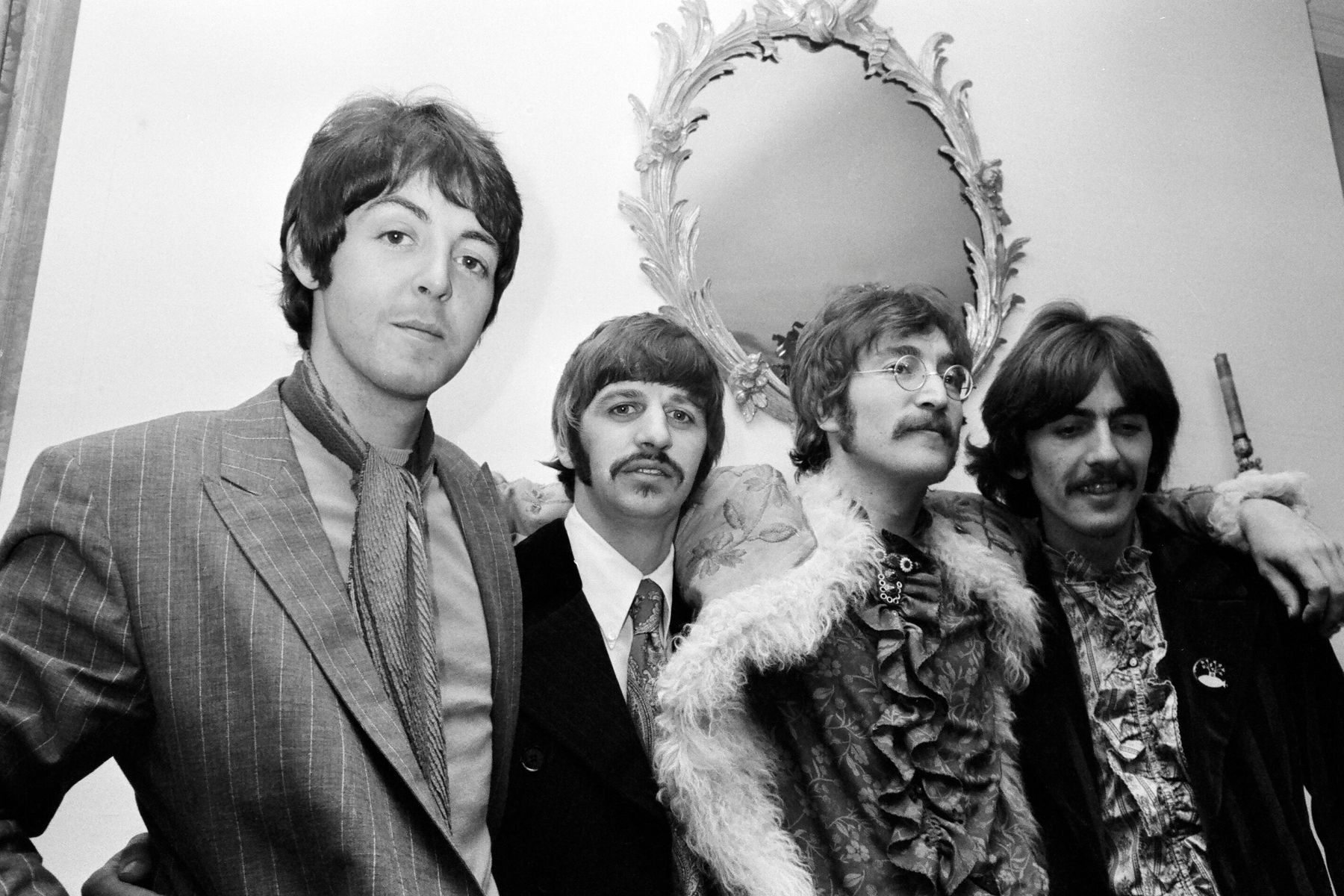 The Beatles at the press launch for Sgt. Pepper in their manager Brian Epstein's London home, 19 May 1967