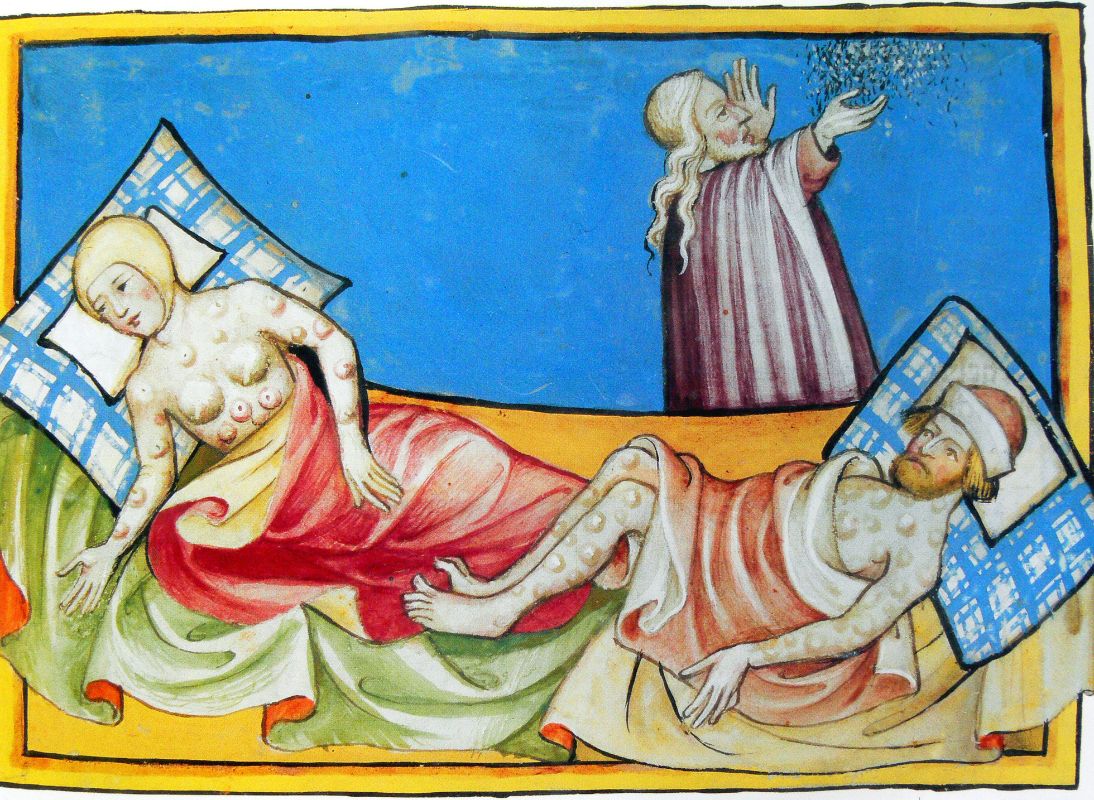 An illustration of the Black Death from the Toggenburg Bible (1411)