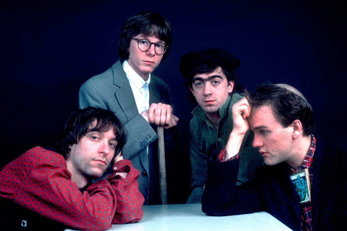 REM, rock band, 1985. L-R: Peter Buck, Mike Mills, Bill Berry, and Michael Stipe in Athens, Georgia