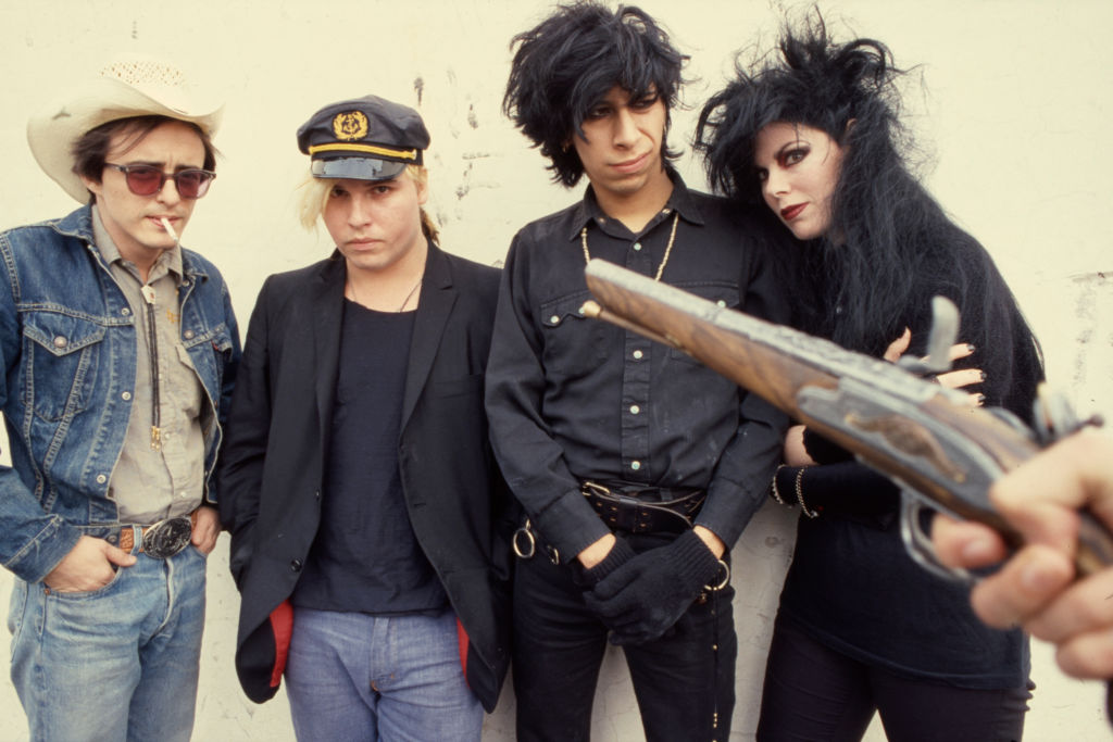 American post-punk band The Gun Club, group portrait, Rome, Italy, 1983. L-R Terry Graham, Jeffrey Lee Pierce, Kid Congo Powers, Patricia Morrison