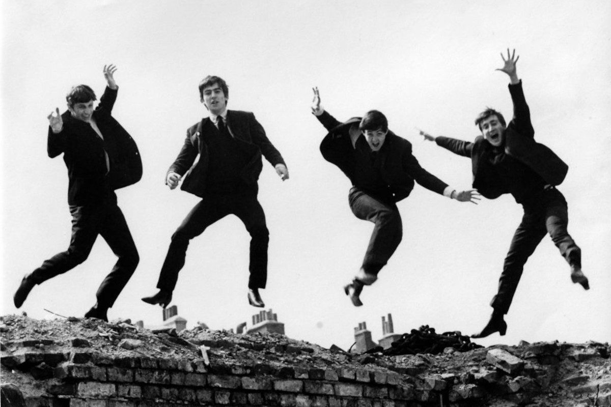 Photo of the Beatles jumping on wall, used on the Twist & Shout EP cover