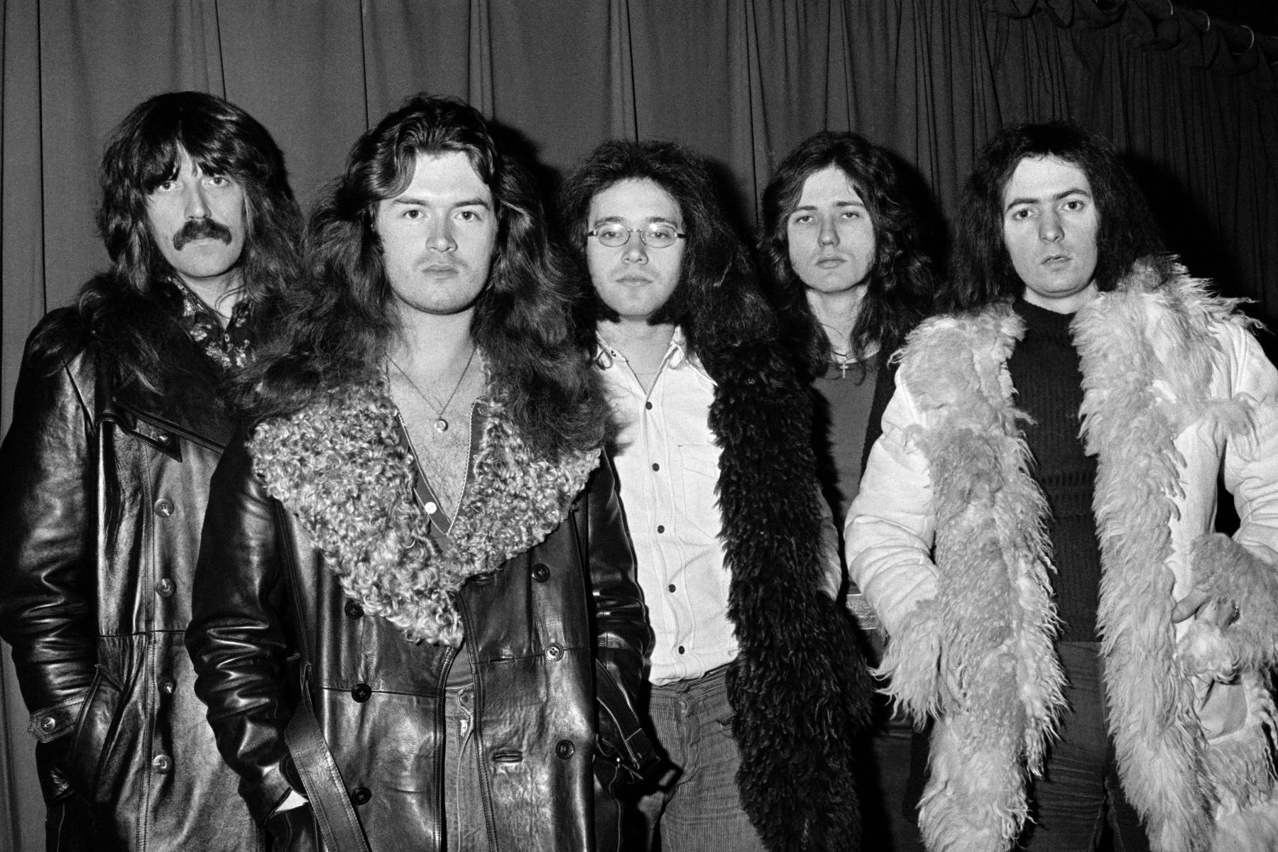 Jon Lord, Glenn Hughes, Ian Paice, David Coverdale, Ritchie Blackmore of Deep Purple pose for a group portrait on December 9th 1973 in Copenhagen, Denmark