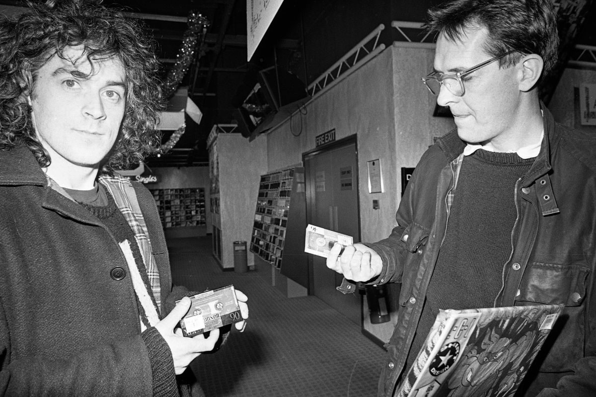 Bill Drummond (right) and Jimmy Cauty of the KLF, HMV store, London, United Kingdom, 1990