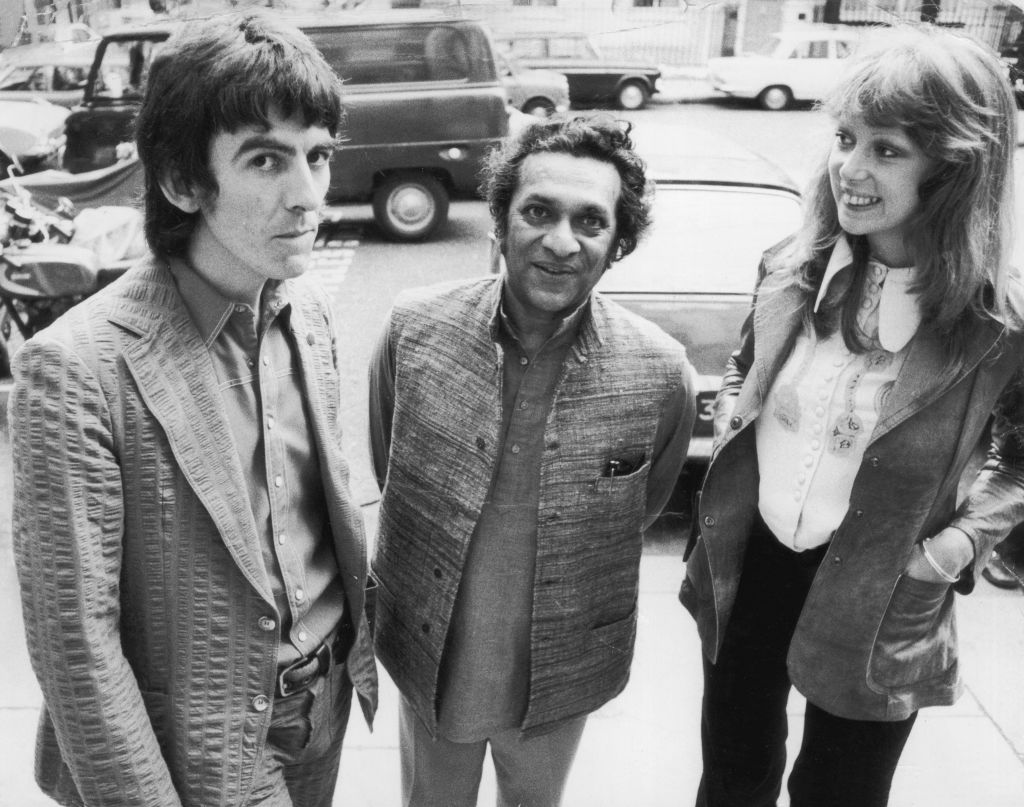 George Harrison with his wife, model Patti Boyd, and composer / sitar player Ravi Shankar, August 1972