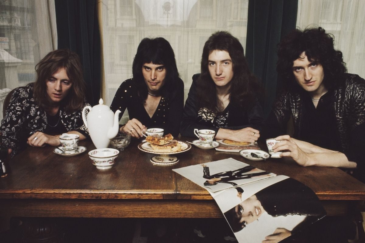 A somewhat defiant-looking Queen in Freddie Mercury's flat, West Kensington, London, early 1974. Left to right: Roger Taylor, Freddie Mercury, John Deacon, Brian May