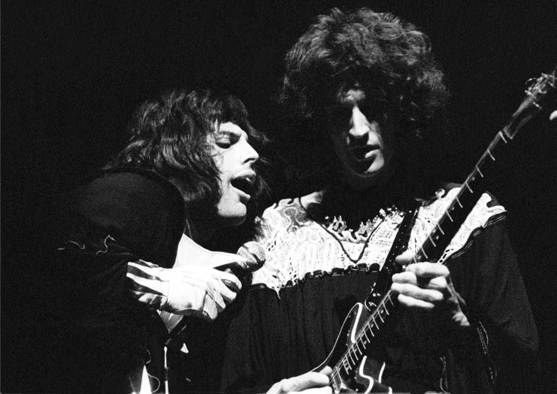 Queen's Freddie Mercury and Brian May onstage, 1974