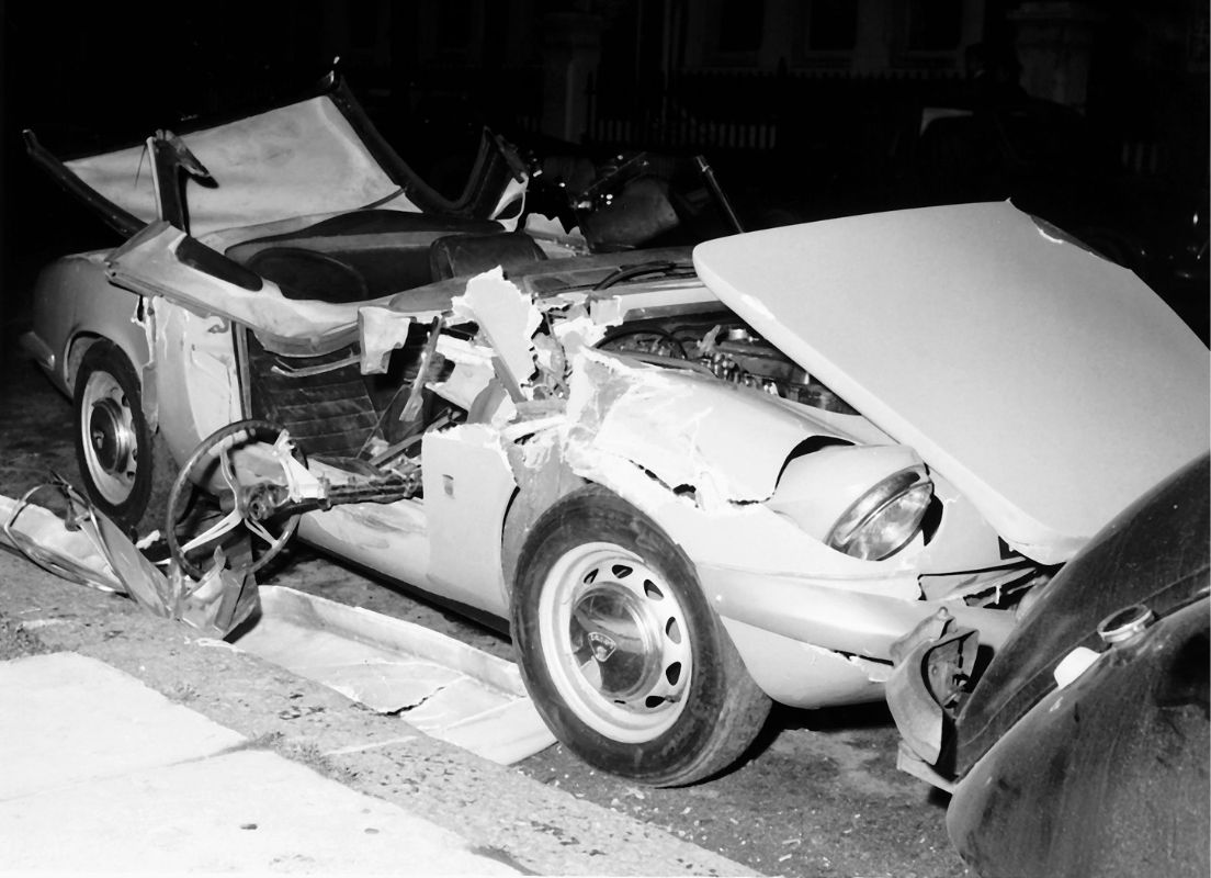 The remains of Tara Browne’s Lotus Elan after the crash