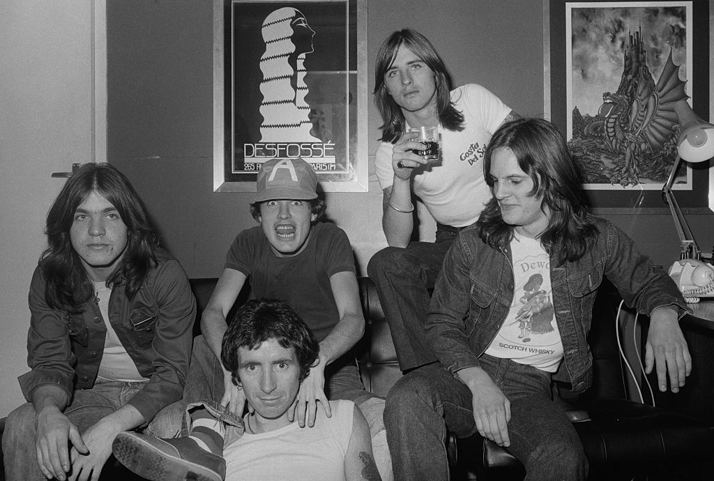 AC/DC, London, April 8 1976. Left to right: rhythm guitarist Malcolm Young, singer Bon Scott (front), lead guitarist Angus Young, drummer Phil Rudd and bassist Mark Evans