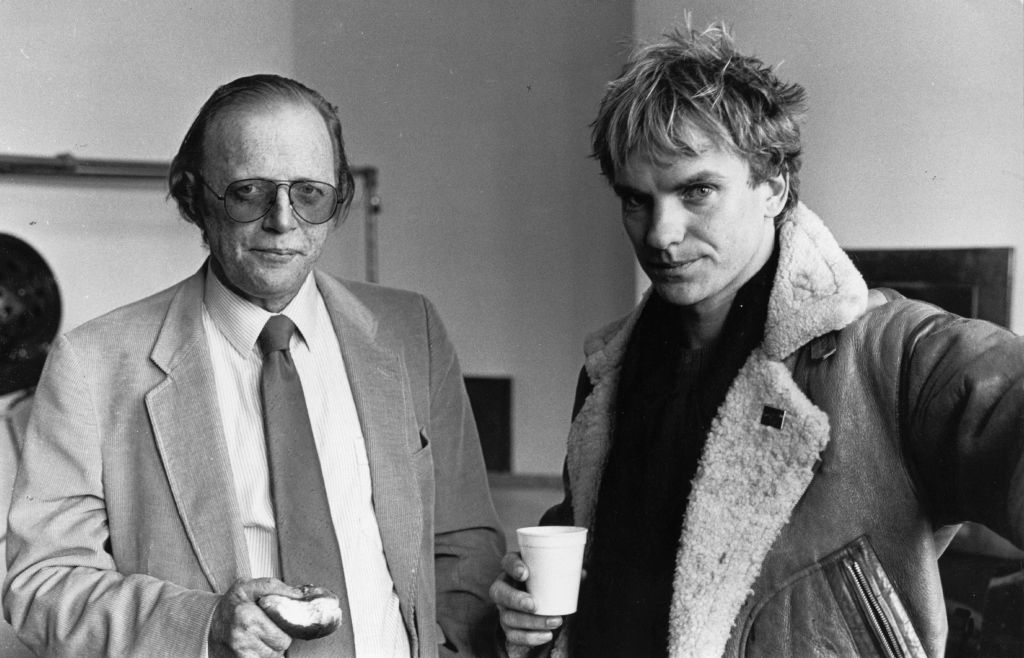 A young Sting, right, with English playwright and dramatist Dennis Potter, in whose new TV play 'Brimstone And Treacle' Sting is to star, 1976